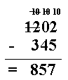 1202 - 345 = 857 med forklaringer hvordan man "låner" 10 og skriver 10 over det sifferet vi veksler til